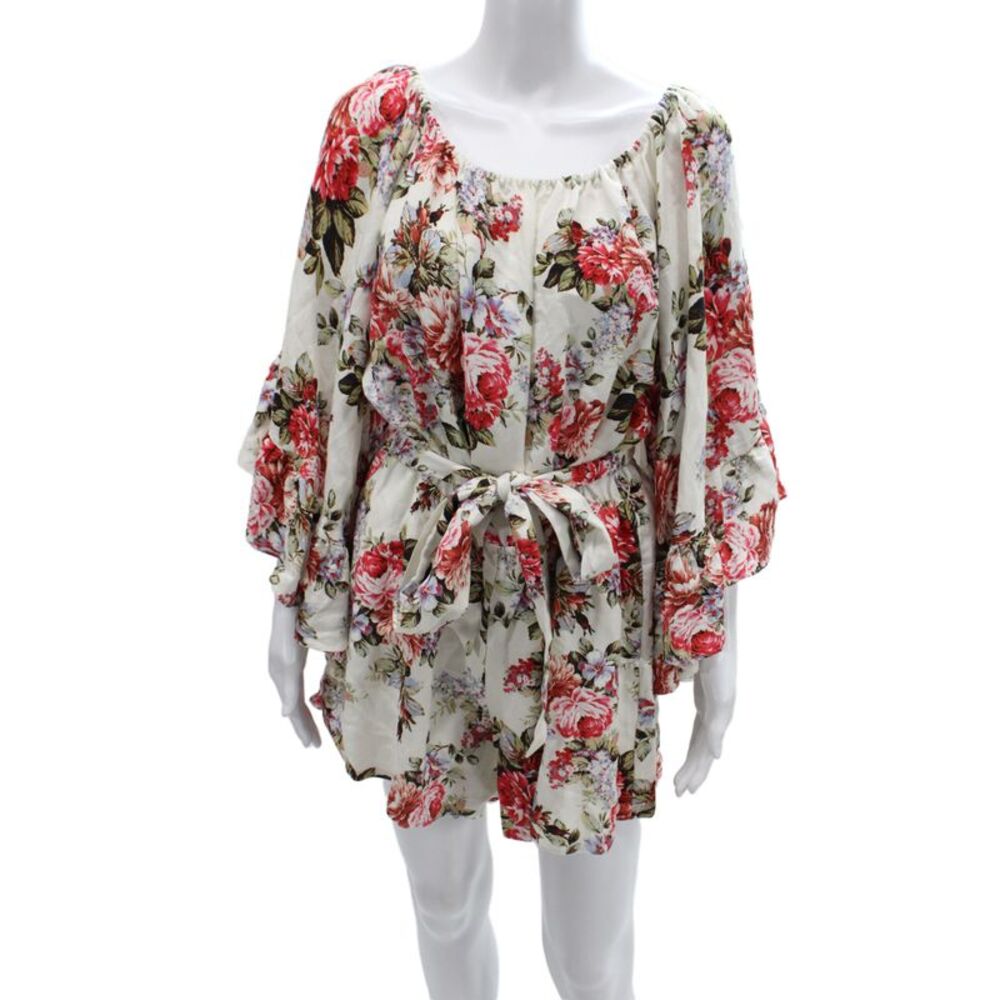 LPA Women Romper Multicolor Floral Off Shoulder Tie 3/4 Sleeve Linen Size L